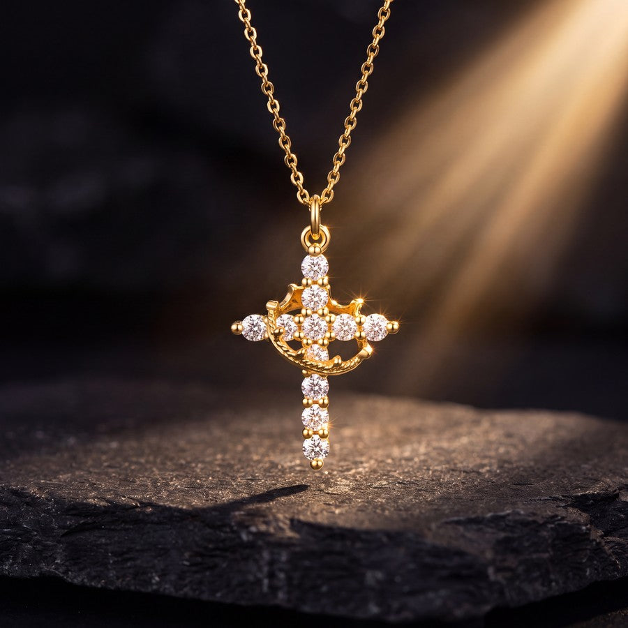 Collar Cruz y Corona – rayo de luz dorada sobre piedra oscura