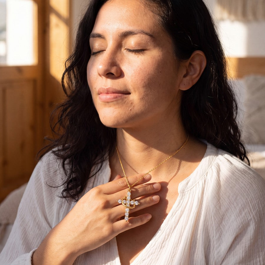 Collar Cruz y Corona en mujer – luz de amanecer