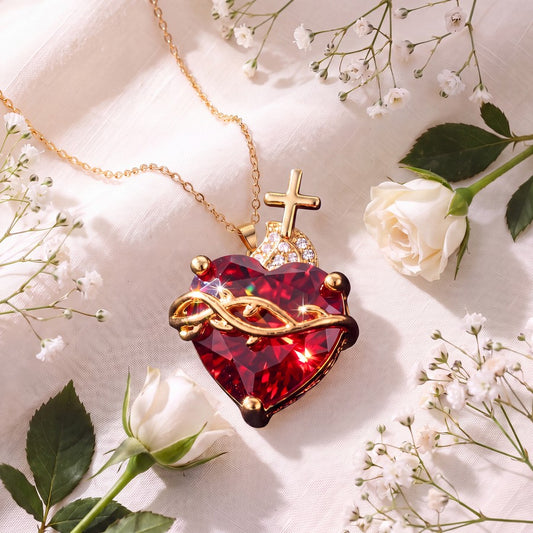 Collar Sagrado Corazón - Amor de Cristo – corazón rojo talla gema con corona de espinas y cruz, entre rosas blancas
