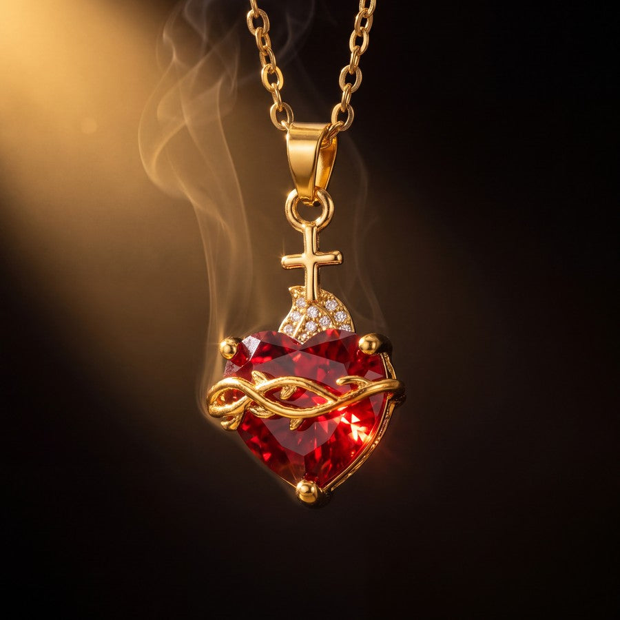 Sagrado Corazón - Amor de Cristo, dije de cristal rojo con corona de espinas dorada