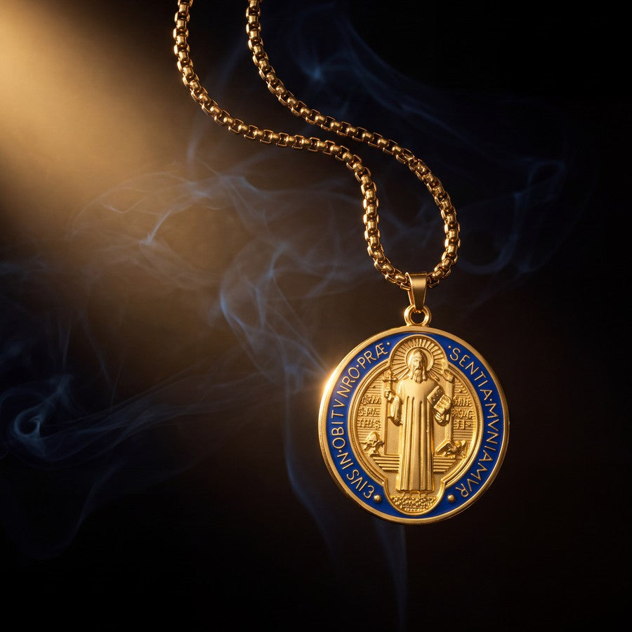 Collar de San Benito – medalla dorada con esmalte azul, vista principal