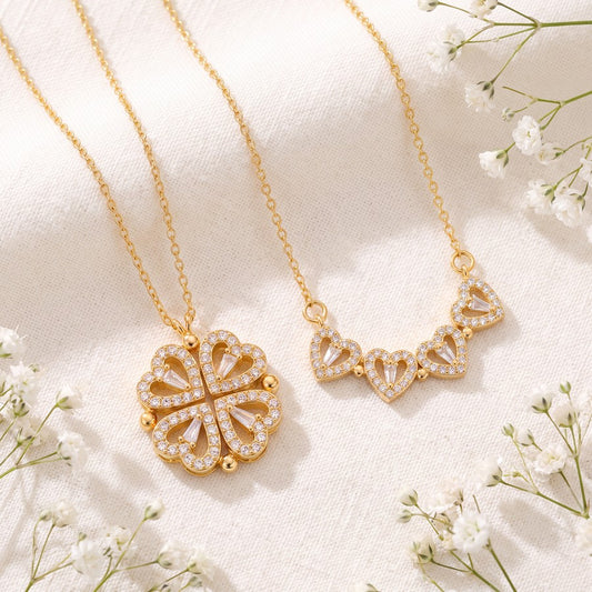 Collar Trébol de Corazones: dos joyas en una — trébol cerrado y corazones en fila